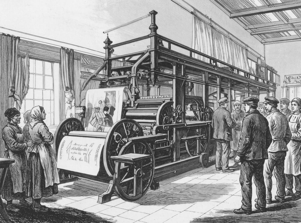 Rotatiepers in het atelier, 19e-eeuwse gravure