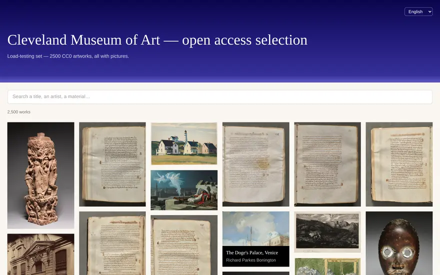 De collectie van het Cleveland Museum of Art als mozaïek: tientallen werken naast elkaar, met daarboven een zoekveld.