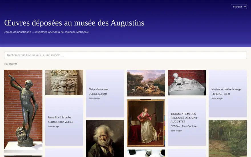 De werken in bruikleen bij het musée des Augustins in Toulouse, als mozaïek gepresenteerd.