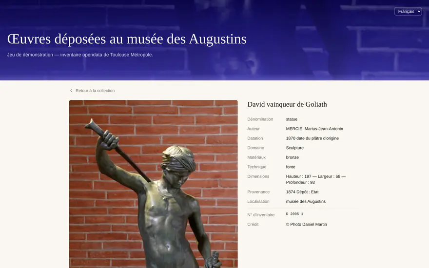 De fiche van een schilderij uit het musée des Augustins, met foto en metadata.